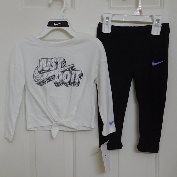 NWT 2pc Nike White Tie Waist Top Black Logo & Black Leggings Set sz 2t - Picture 1 of 1